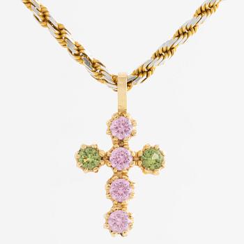 Hänge, kors med peridot och rosa stenar, med kedja.