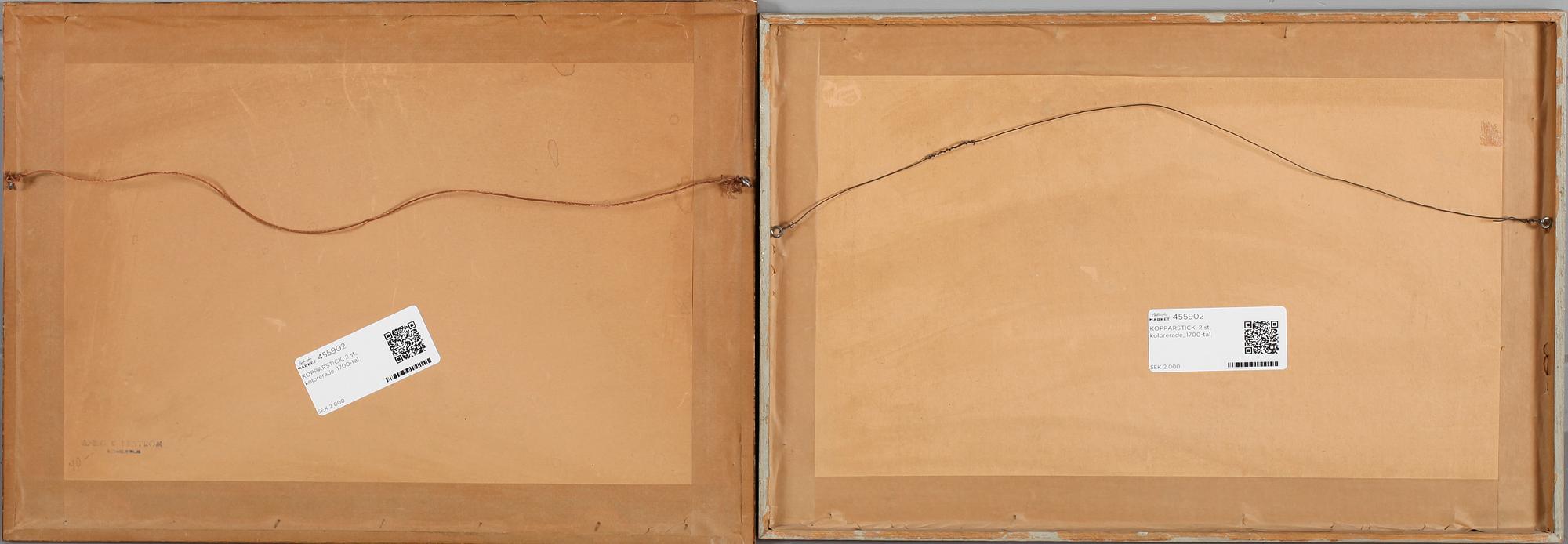 KOPPARSTICK, 2 st, kolorerade, 1700-tal.