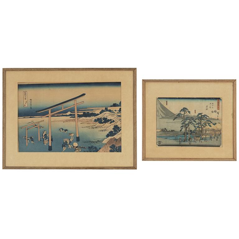 Katsushika Hokusai, efter, och Ando Utagawa Hiroshige, färgträsnitt, 2st, Japan, 18/1900-tal.