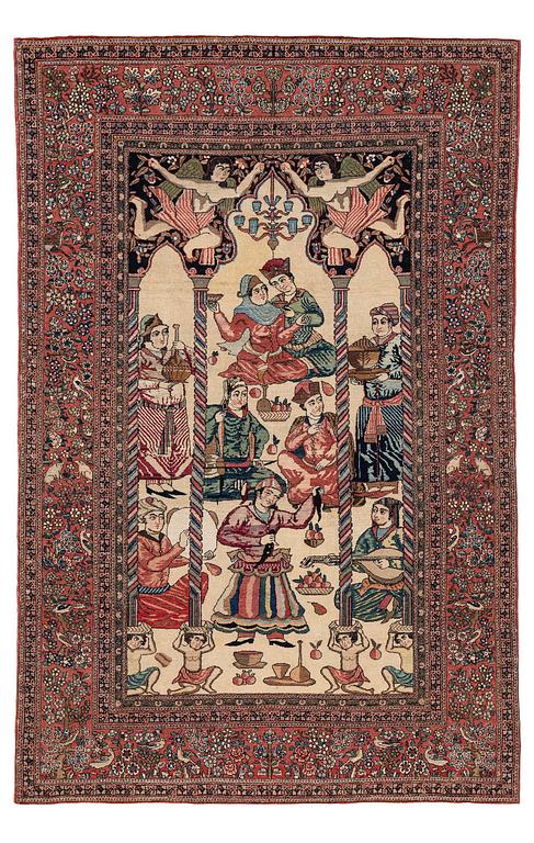 An antique pictoral Isfahan carpet, Central Persia, "Yusuf & Zuleika", c. 208 x 142 cm.