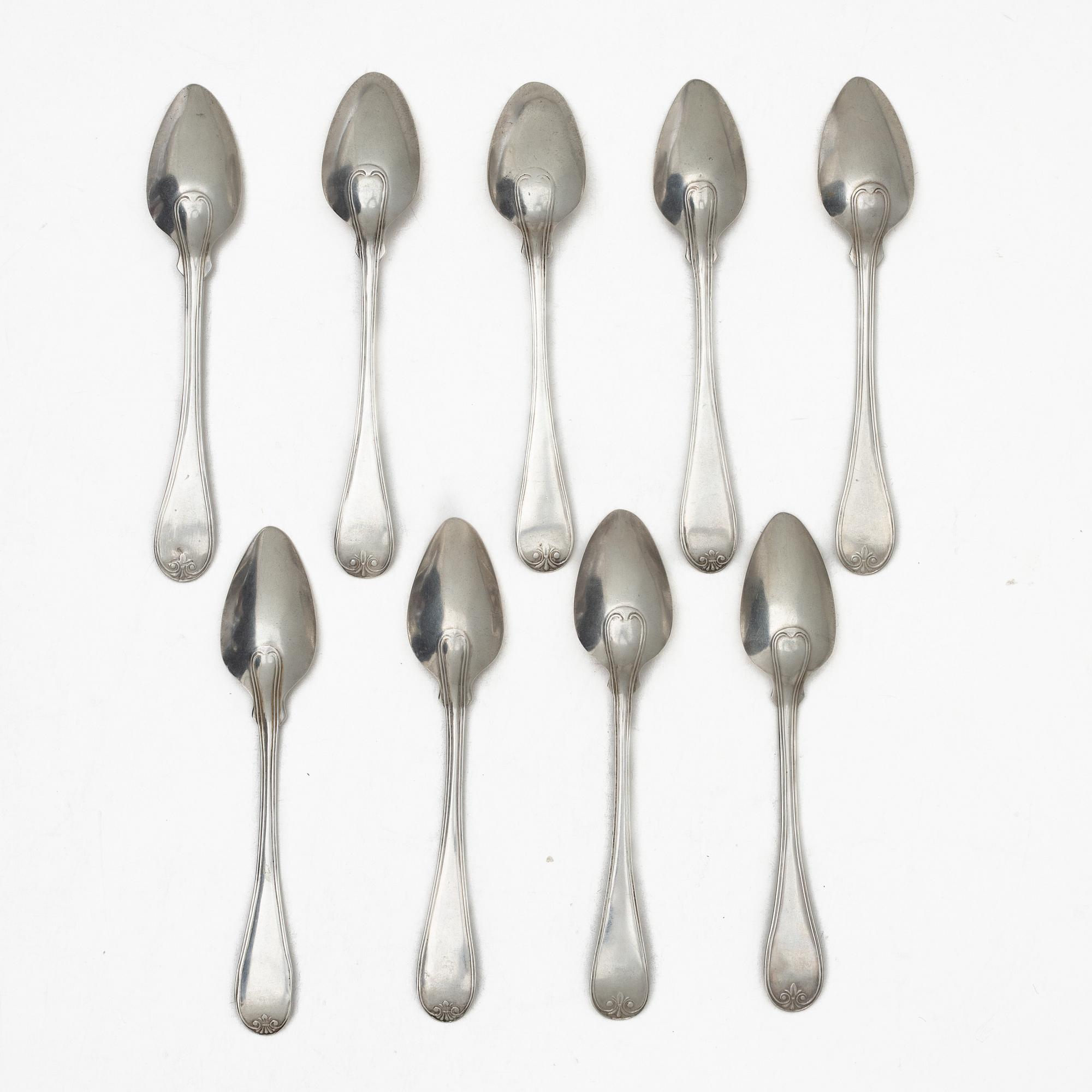 Nine Swedish silver teaspoons from Karlskrona, including with mark of Petter Fredrik Sundberg, 1853.