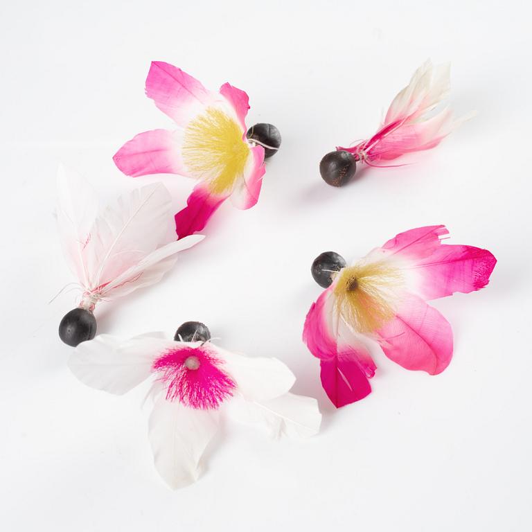 A set of two Japanese hagoita wooden paddles and five shuttlecocks, first part of 20th century.