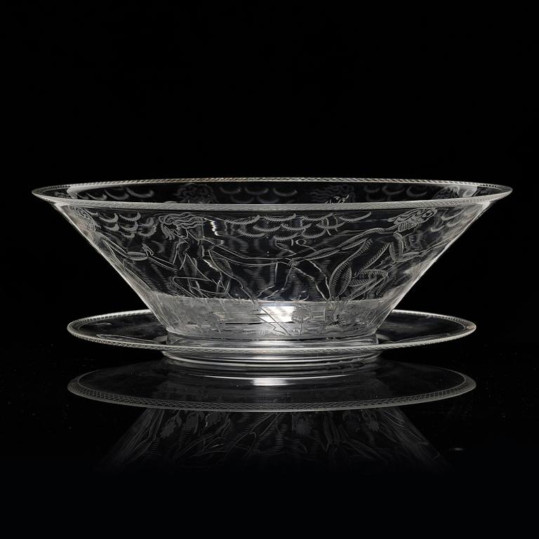 Edward Hald, an engraved glass bowl with plate, Orrefors, Sweden, 1926, model 305, engraved by Emil Goldmann.