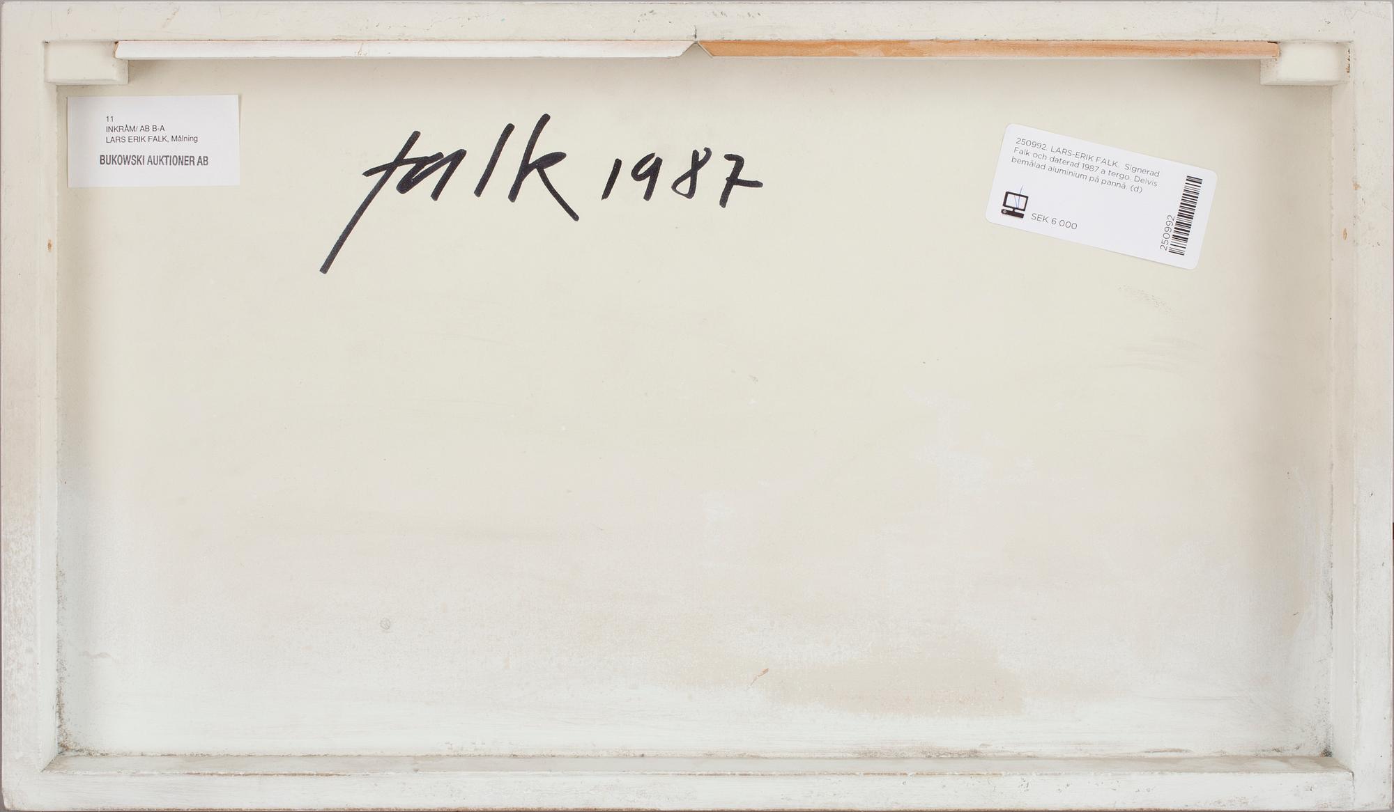 LARS-ERIK FALK.  Signerad Falk och daterad 1987 a tergo. Delvis bemålad aluminium på pannå.