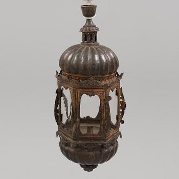 A 17TH CENTURY BAROQUE BRASS LANTERN. Height ca 72 cm.