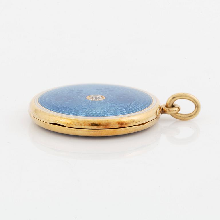 An enamel locket set with an old-cut diamond.