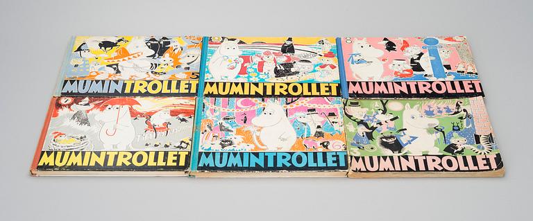 Six Moomin books with comic strips by Tove Jansson & Lars Jansson, printed in Sweden 1958-1965, Tryckeri Ab Framtiden.