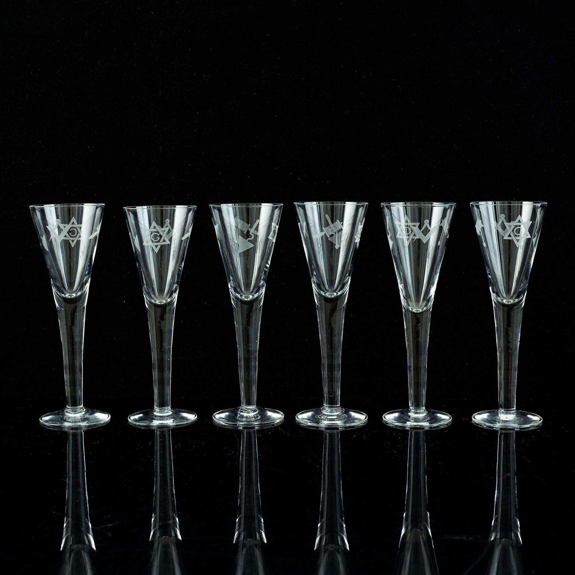 A set of six freemason glasses, 20th century.