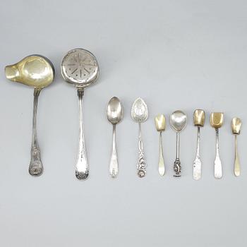 PARTI SILVERBESTICK, 9 delar, flertal mästare, bla Carl Fredrik Olsson i Stockholm. 1800-1900-tal. Tot ca 178 gram.