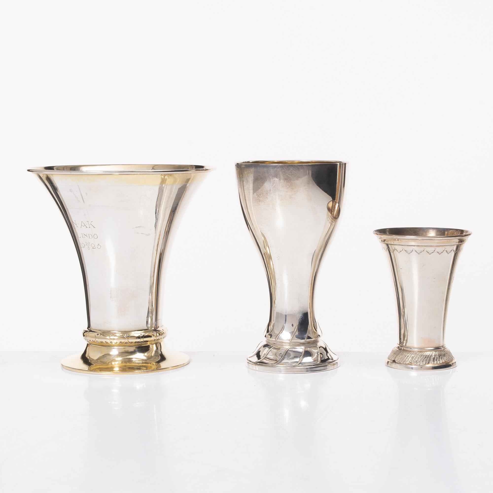 Trophies/cups and bowl, 6 pcs, silver, Sweden and Denmark, including K Anderson, Stockholm 1925.