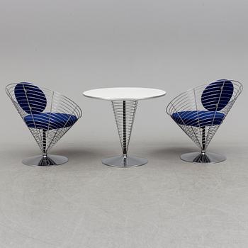 VERNER PANTON, PHILIPPE STARCK,  a set of two "Wire Cone" chairs and a table Fritz Hansen, late 20th century.