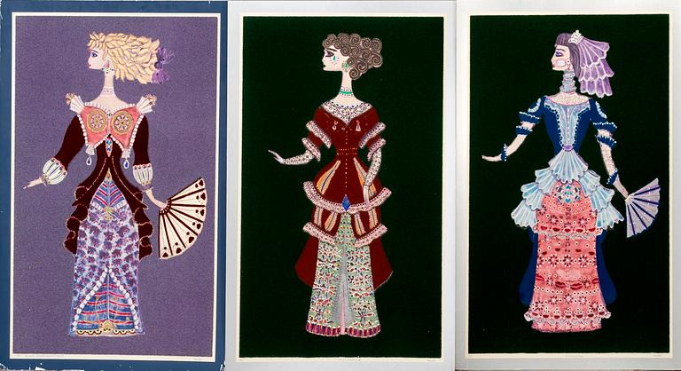 MAX WALTER SVANBERG, 3 st akvarellerade, metallpräglade reproduktioner med textilstoff, signerade och numrerade.