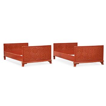 475. Axel Einar Hjorth, a pair of Swedish Grace 'Åbo' chinese red bed frames, Nordiska Kompaniet, ca 1929-30.