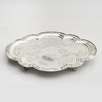 A lobed silver tray on four feet, Shanghai, Singfat, China Trade.