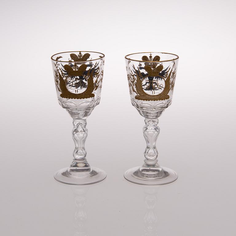 TWO RUSSIAN WINE GLASSES, from the the Romanov Tercentenary service, Imperial Glass factory, St Petersburg circa 1913.