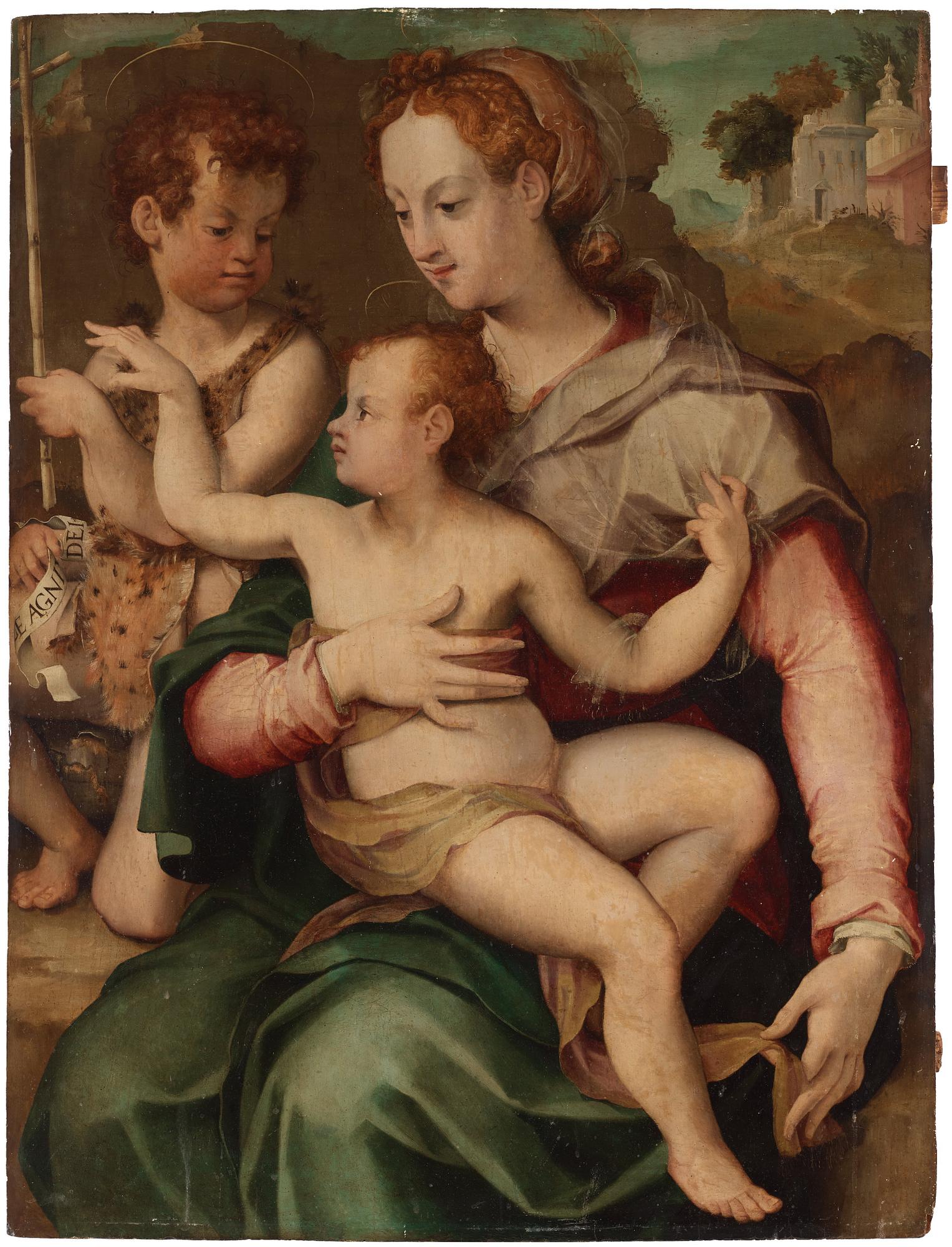 Giorgio Vasari Circle of, The Madonna and Child with the Infant Saint John the Baptist.