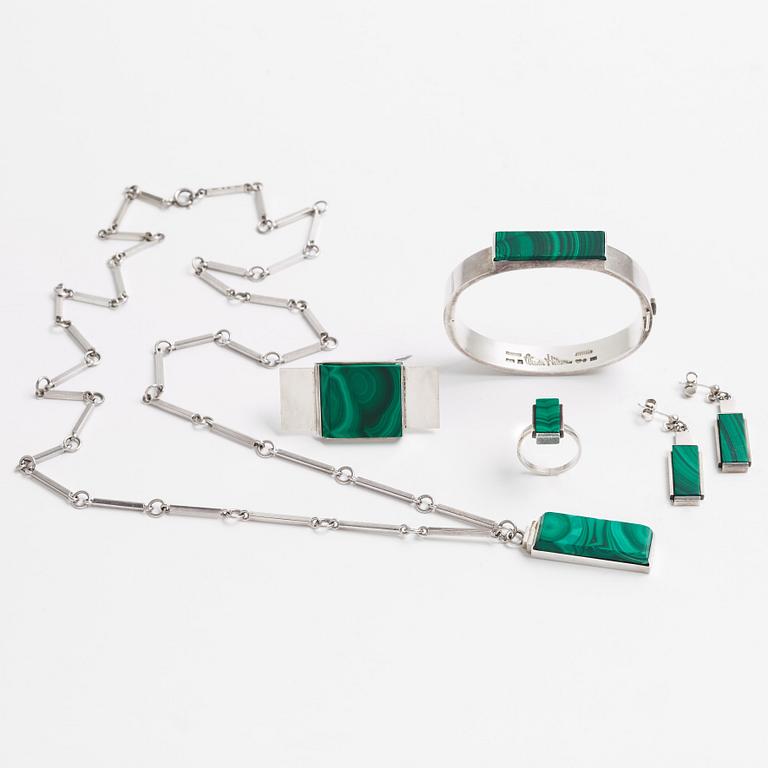 A Wiwen Nilsson set of six pieces of silver and malachite jewellery, Lund Sweden 1934-66.