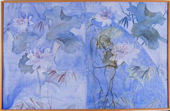 PETRI HYTÖNEN, akryyli, hiili ja tussi, pingotettu kukkakankaalle, signeerattu ja päviätty -92.