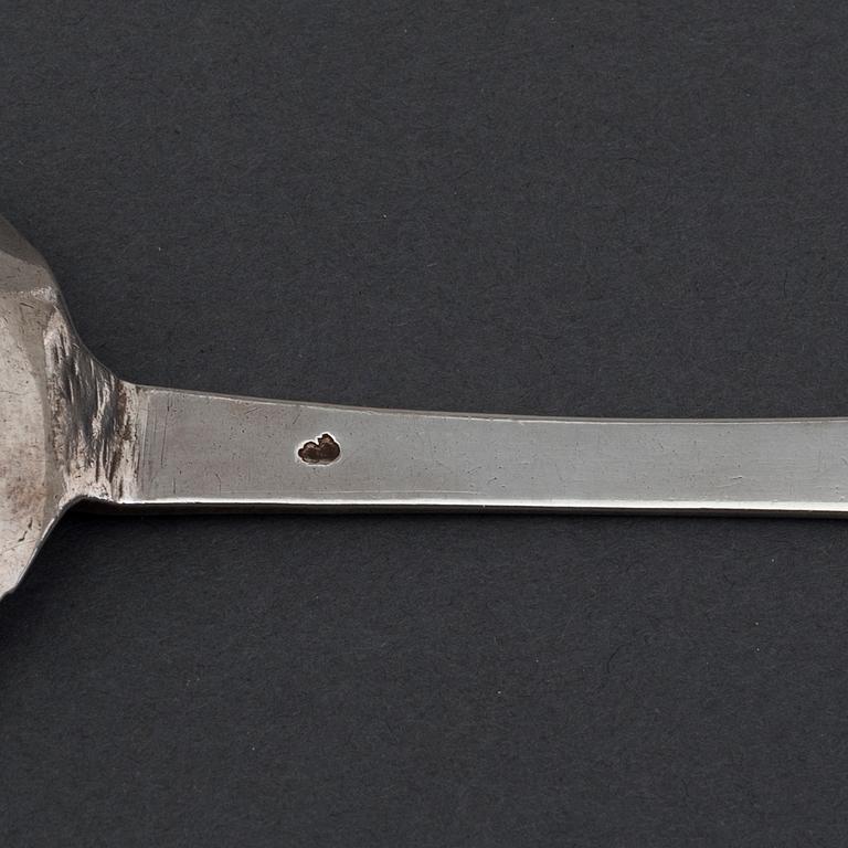 An 18th century silver spoon, unidentified marks.