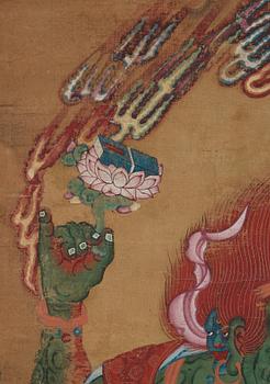 A Tibetan Thangka colour and ink on cloth laid on paper, 19th Century.