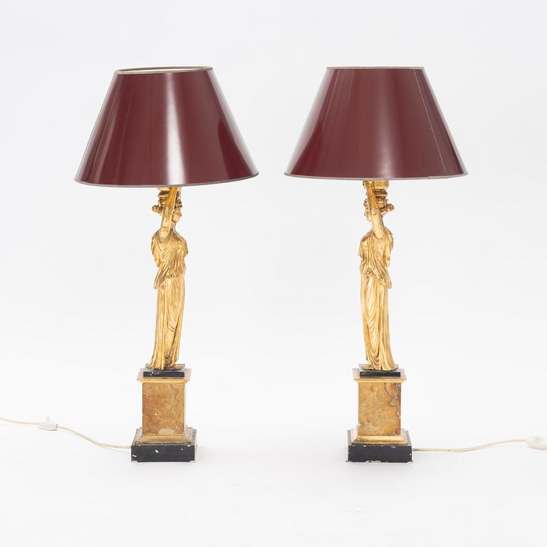 A pair of metal Empire style table lights, late 20th Century.