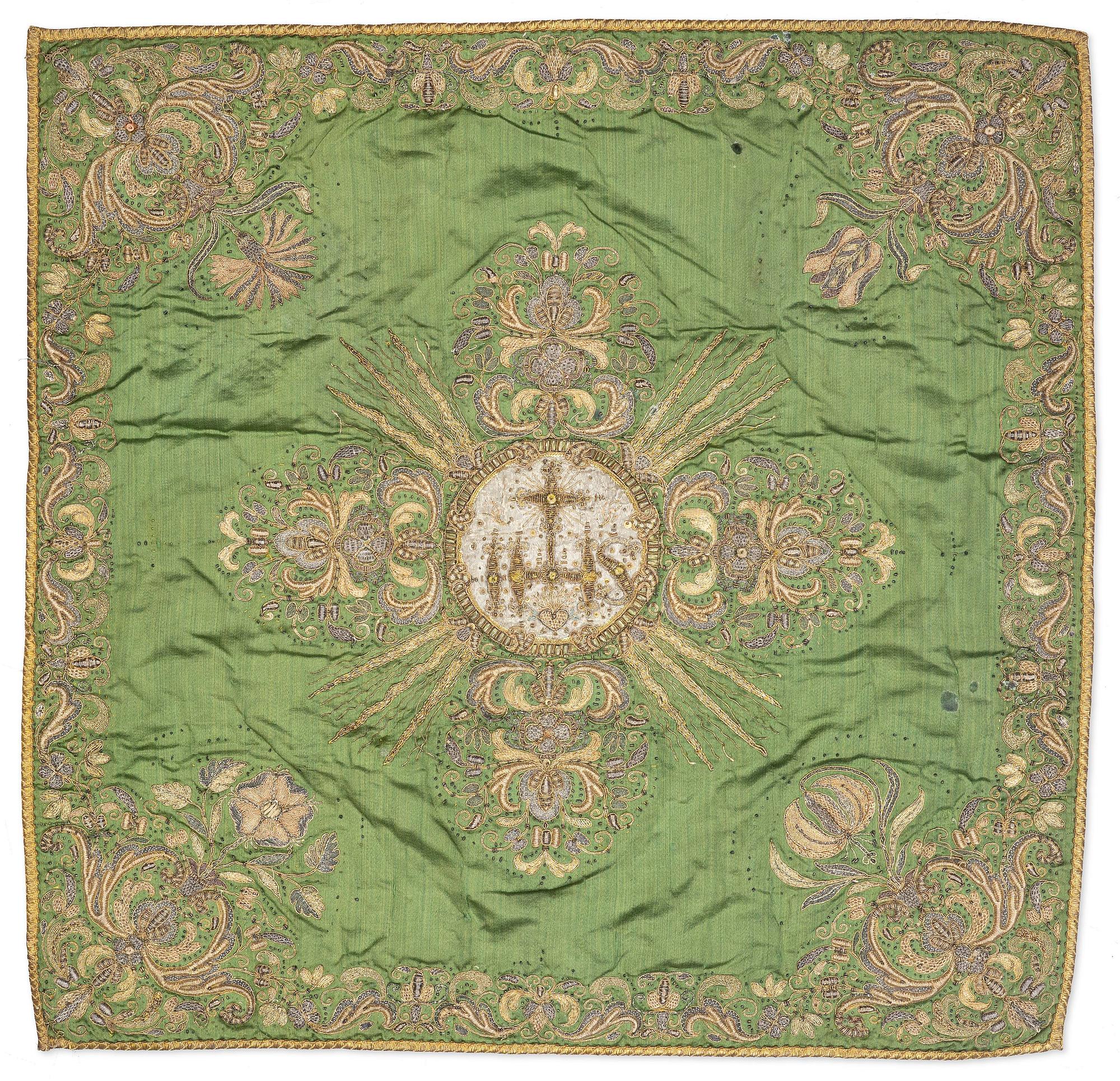 An Italian chalice veil, mid 18th century, c. 58 x 60 cm.
