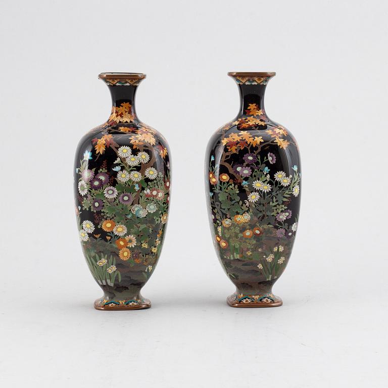 A pair of Japanese enamel on copper vases, Meiji (1868-1912).