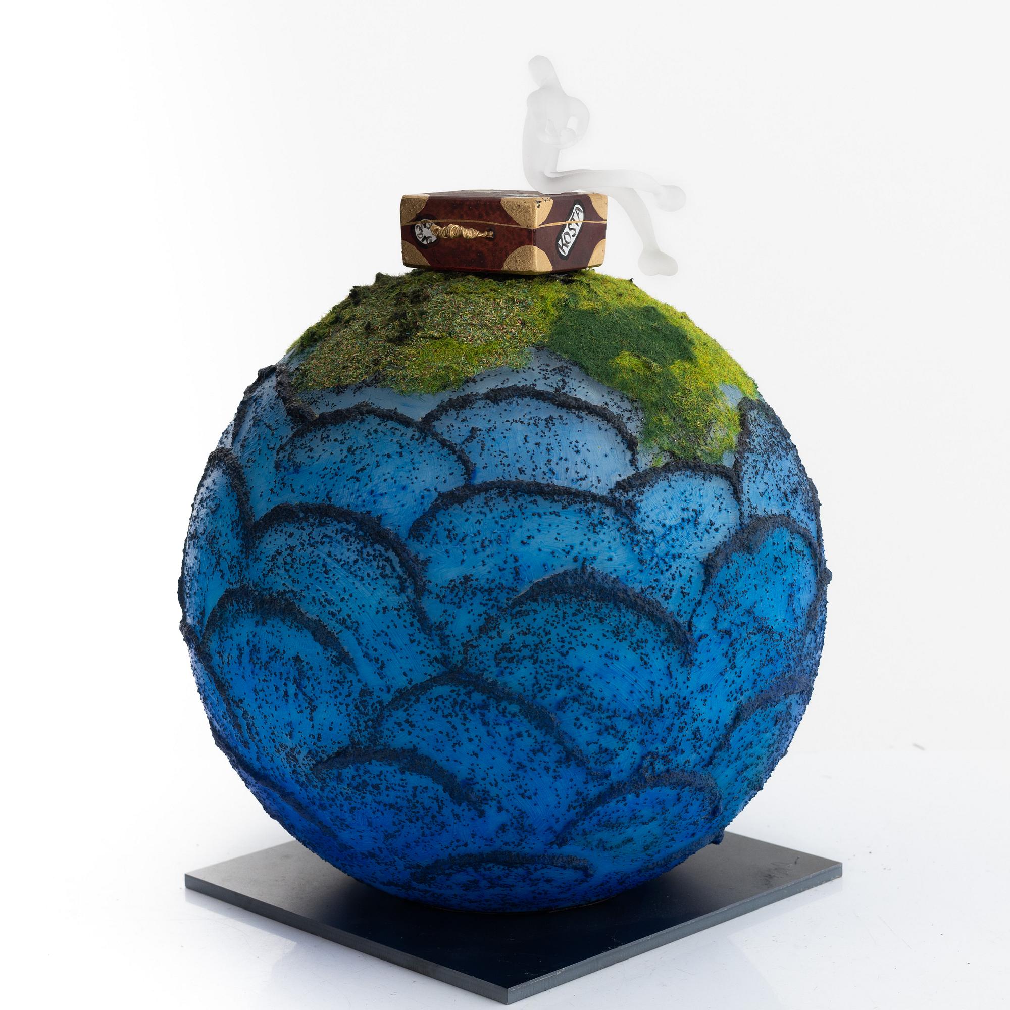 Kjell Engman, a unique glass sculpture 'Globe Blå', Kosta Boda, Sweden.