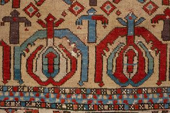 A rug, antique Anatolian/Caucasian, ca 148-149 x 104,5-110 cm (as well as 1-1,5 cm flat weave at one end).