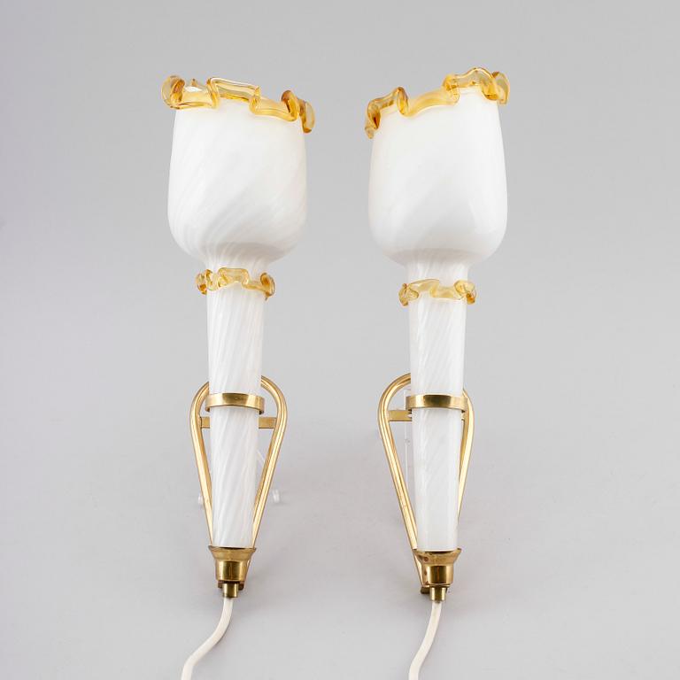 VÄGGLAMPETTER, 1 par, möjligen Venini, Murano, Italien, 1900-talets mitt.