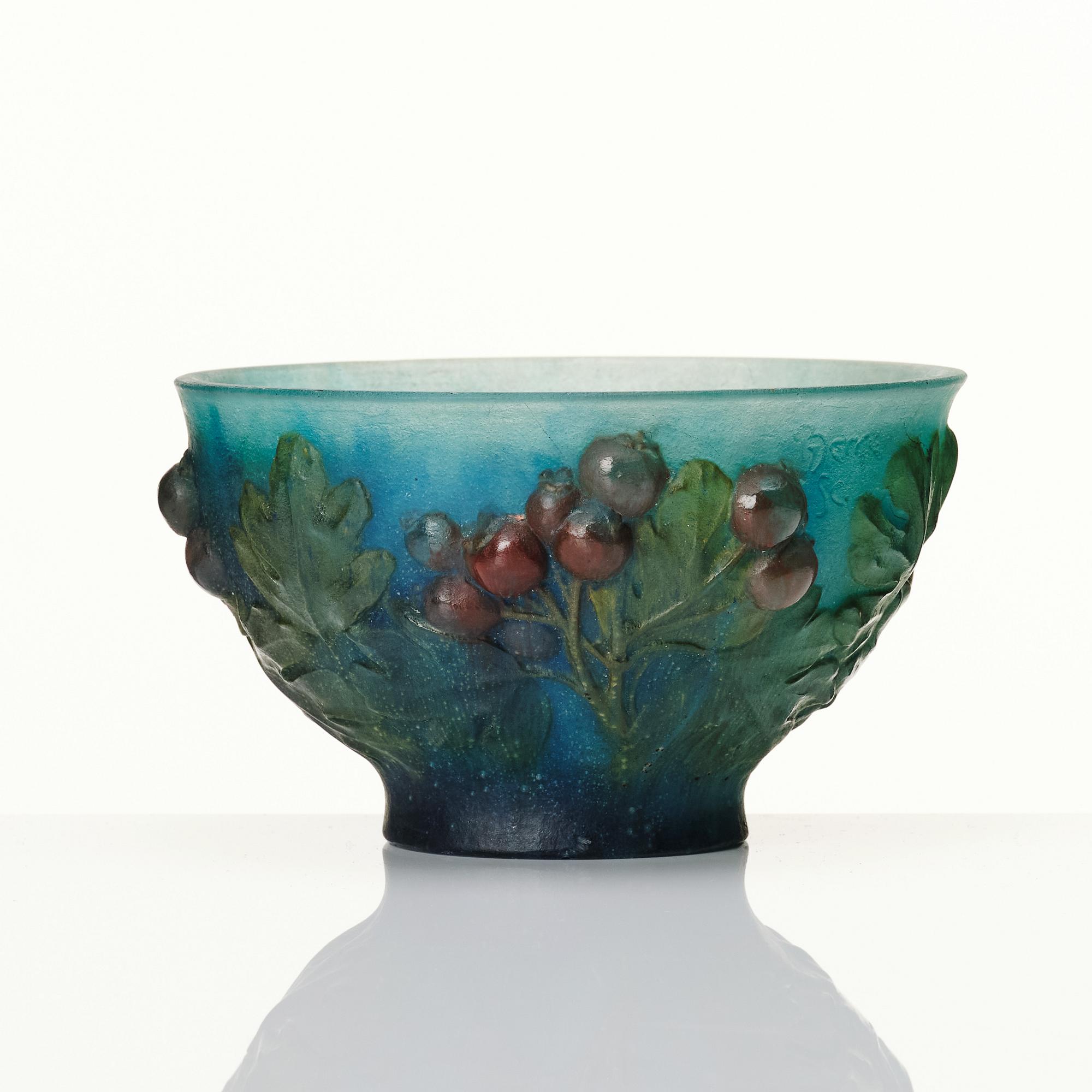 Amalric Walter & Henri Bergé, a pâte de verre bowl decorated with 'Sorbus intermeida' (latin), Nancy France 1920s.