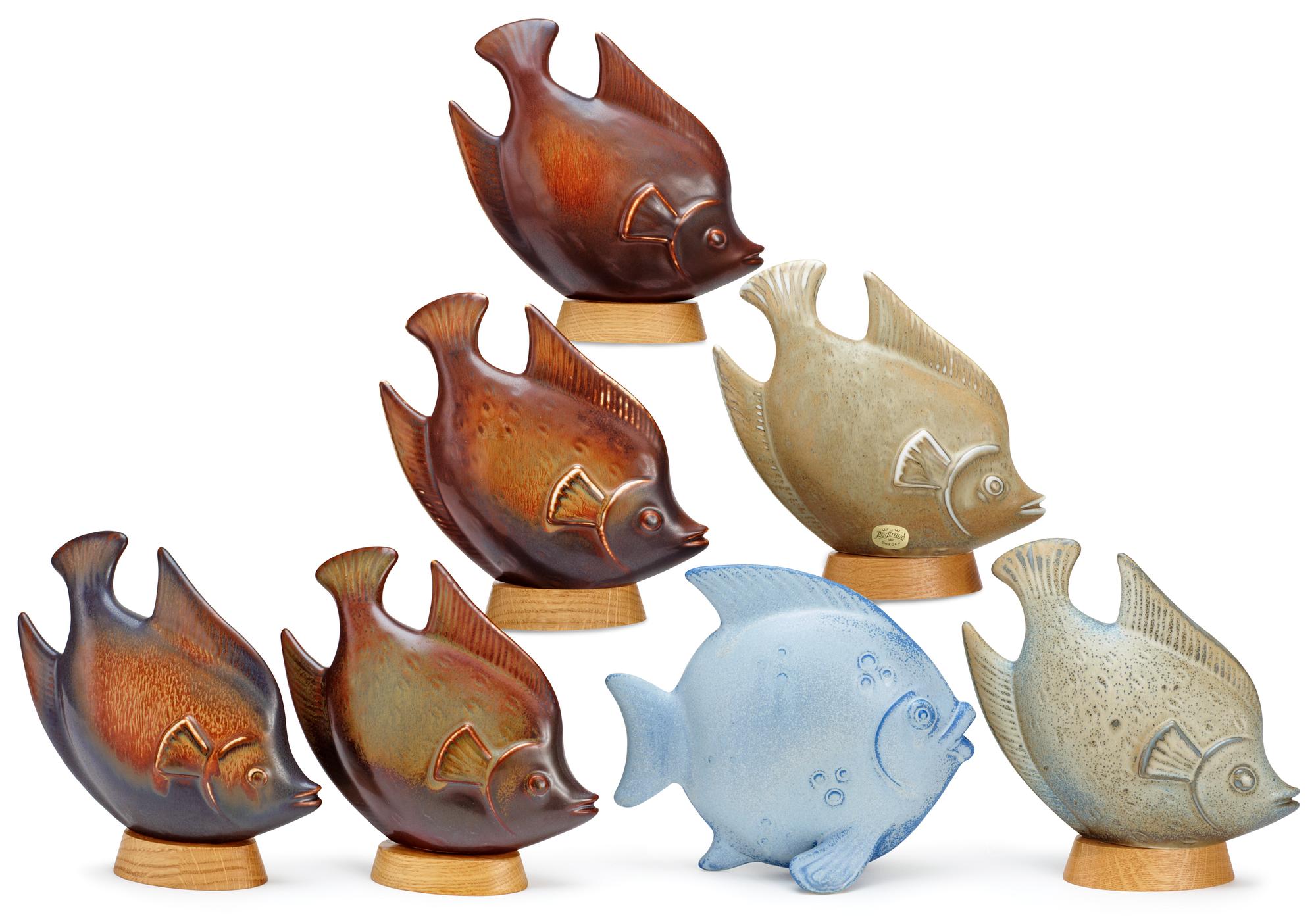 A set of seven Gunnar Nylund stoneware figures of flatfishes, Rörstrand.
