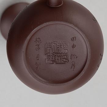 Tekanna, koppar 3 st, samt skålfat, yixing, kina, 1900-tal.