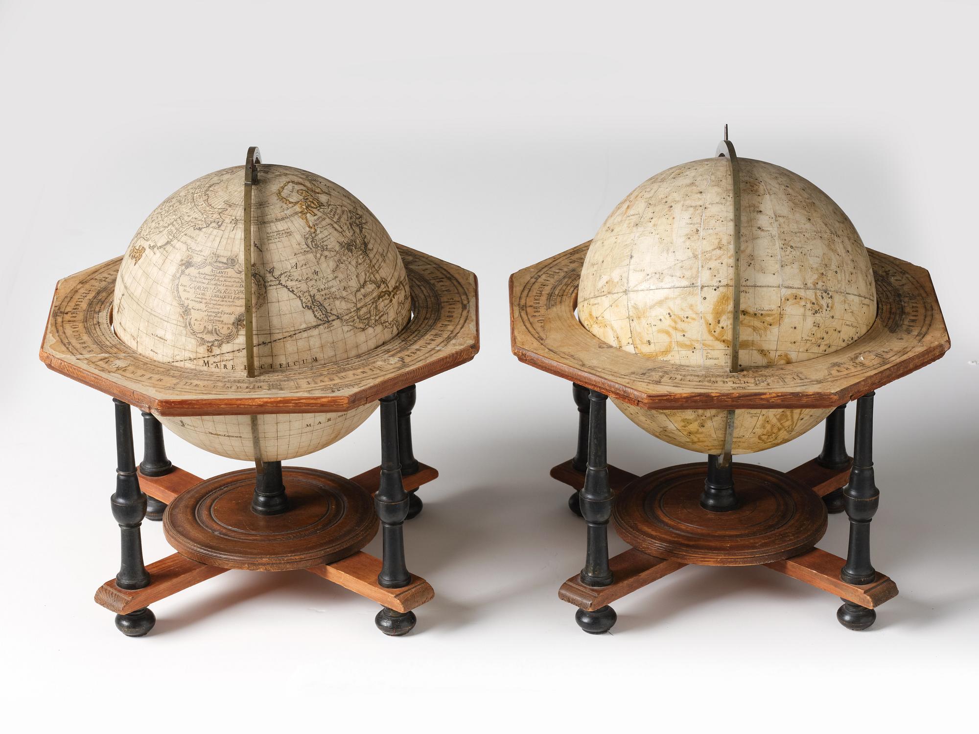 A pair of terrestrial and celestial library globes by A. Åkerman (manufacturer of globes in Uppsala 1759-78), 1759.