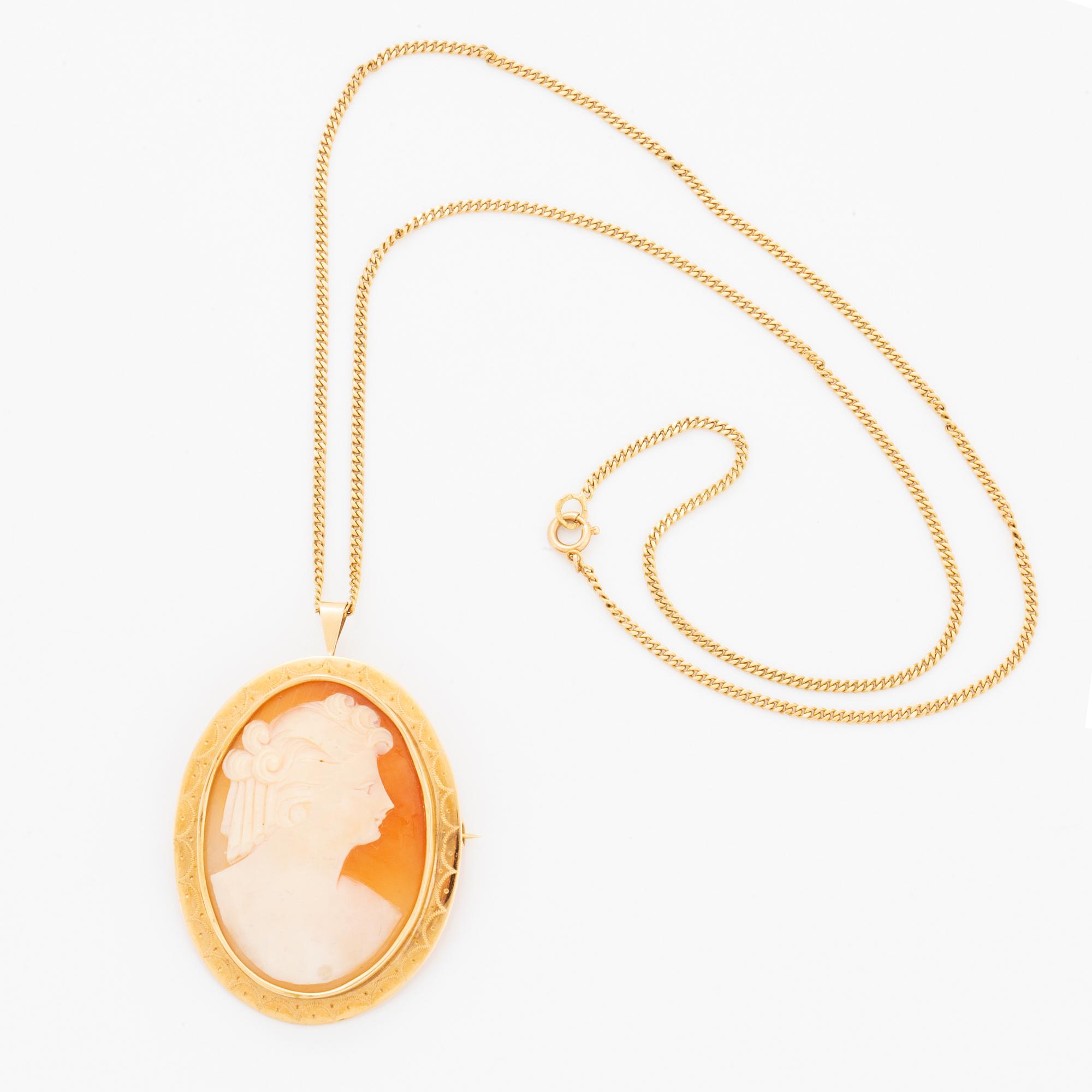 Hänge/brosch snäckalscamé med kedja 18K guld.