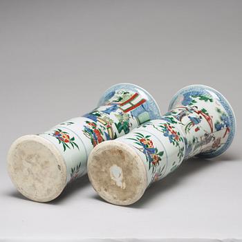 A matched pair of Gu-shaped wucai vases, Transition, 17th Century.