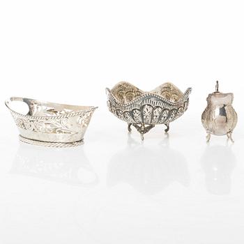 Bowl, basket, and cream jug, silver, 20th century.