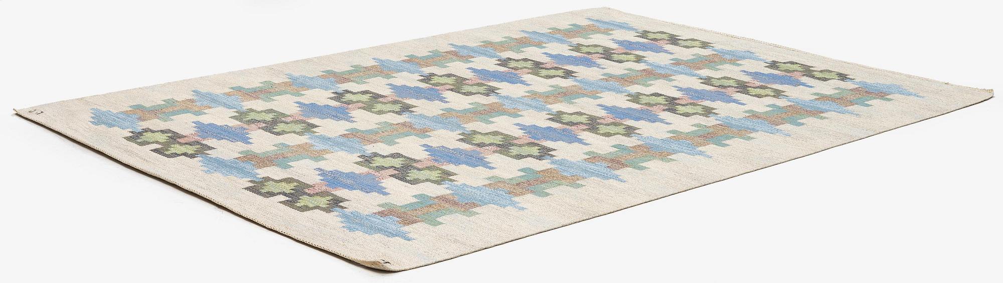 Judith Johansson, a carpet 'Riddarsporrar', flat weave, c. 245 x 177 cm, signed JJ E.