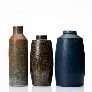 Carl-Harry Stålhane, a set of three unique stoneware vases, Rörstrand, Sweden 1960 and 1964.