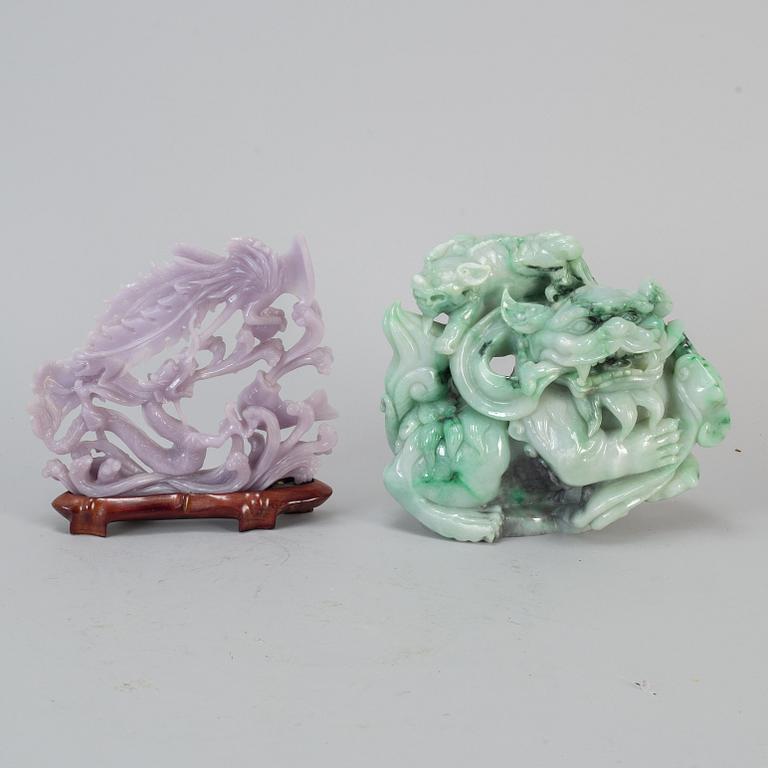 Four Chinese stone sculptures, one rose quartz, 20th century.