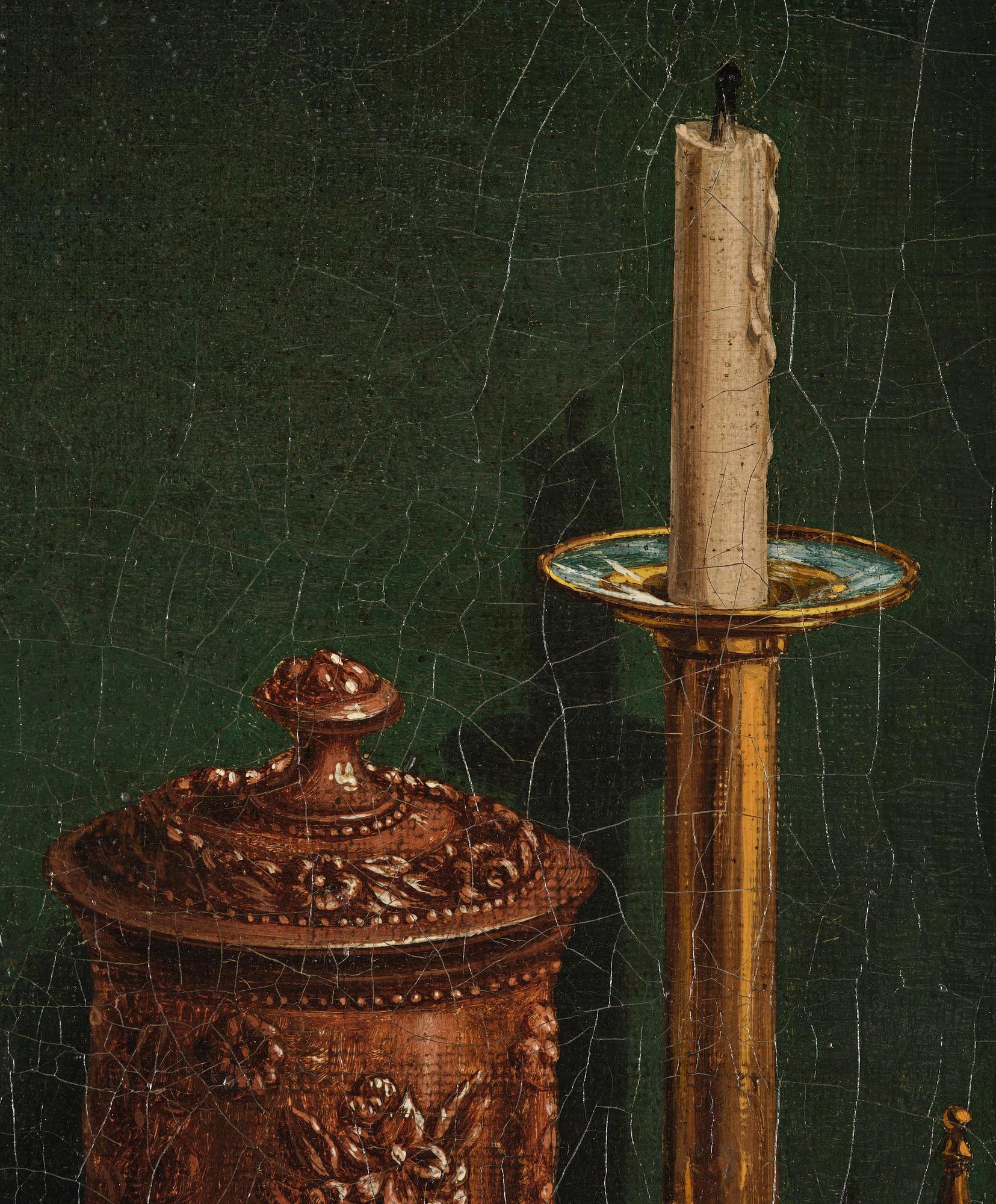 Unknown artist, possibly Scandinavia, mid-19th century, Still Life with chalk pipe, decanter, matches, and tobacco tin.