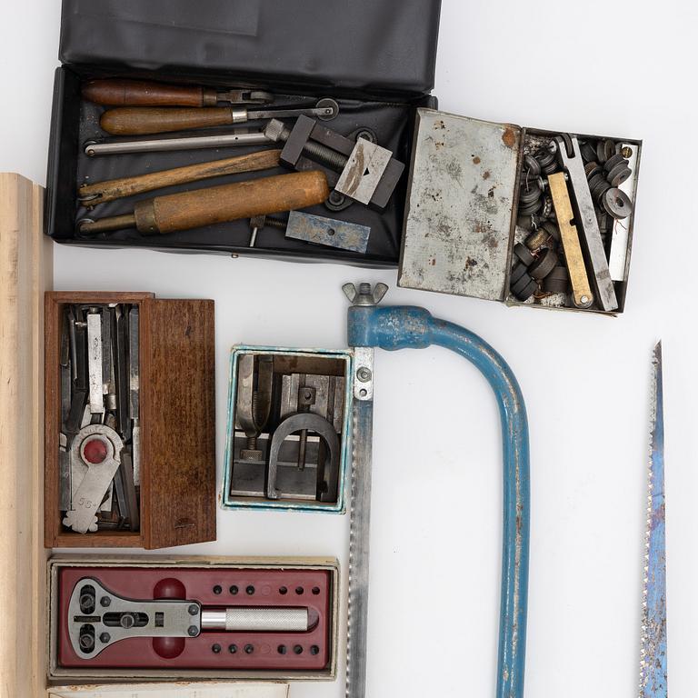 Watchmaking tools and spare parts, including a lathe by Lorch.
