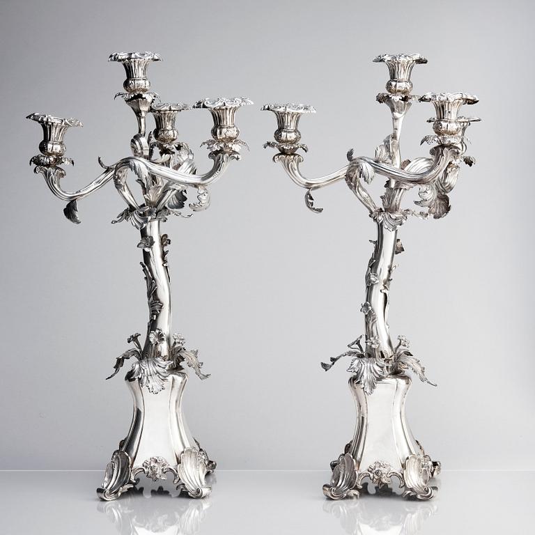 A pair of Swedish silver candelabra, mark of Gustaf Möllenborg-Féron, Stockholm 1856.