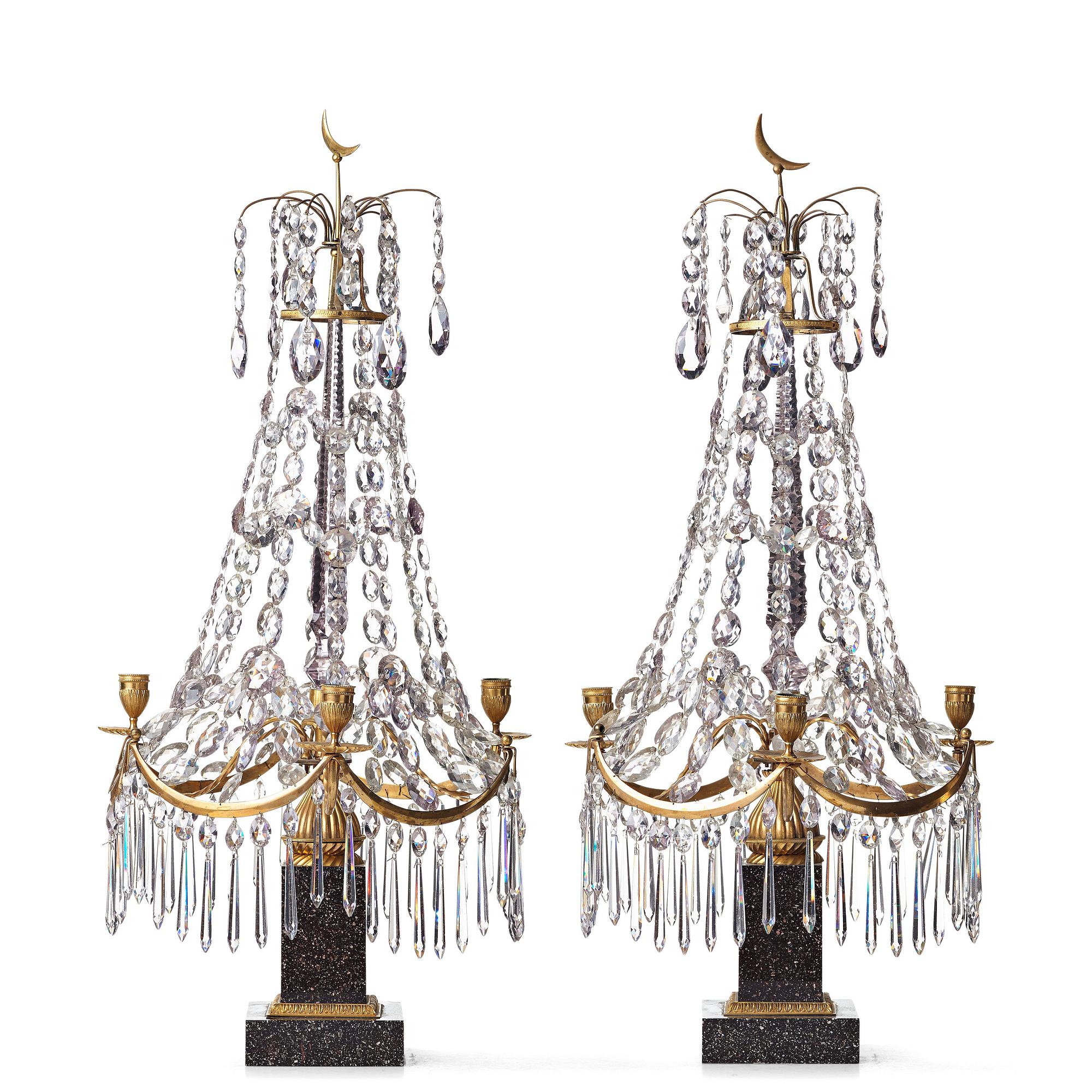 A pair of late Gustavian-style 20th century three-light table girandoles.
