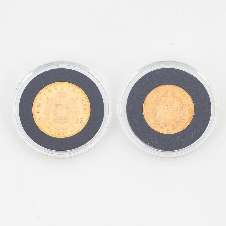 Napoleon III, France, two gold coins, 20 Franc, 1866 and 10 Francs 1859.