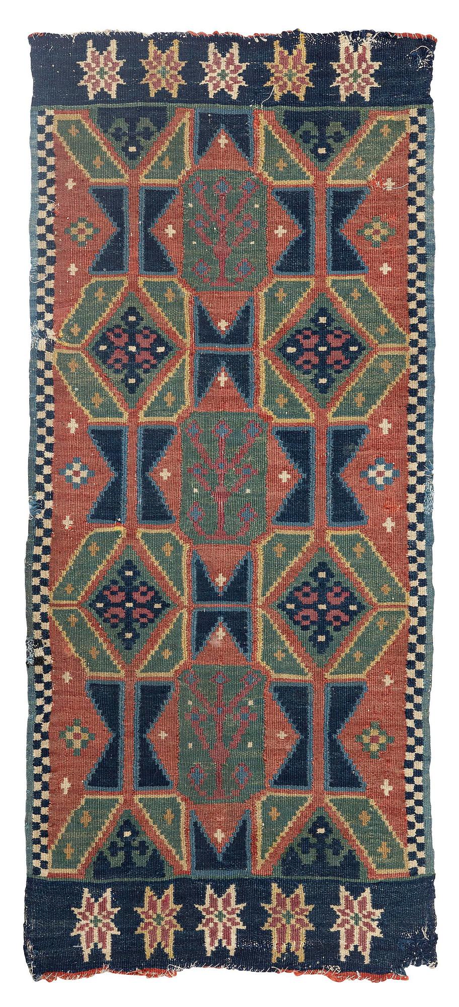 A carriage cushion, double-interlocked tapestry, c. 102 x 48 cm, Scania, Sweden, last quarter of the 18th century.