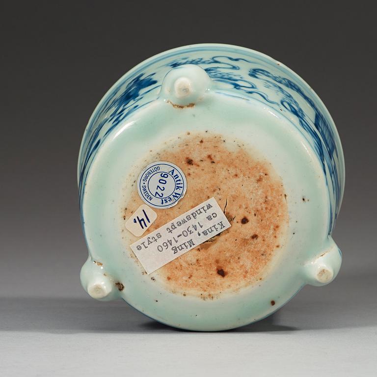 A blue and white tripod censer, Ming dynasty, 15th Century.