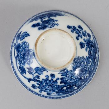 A group of eight blue and white porcelain objects, mostly 18th century.