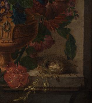 DUTCH SCHOOL, around 1700. Still life with flowers, a bird nest and insects.