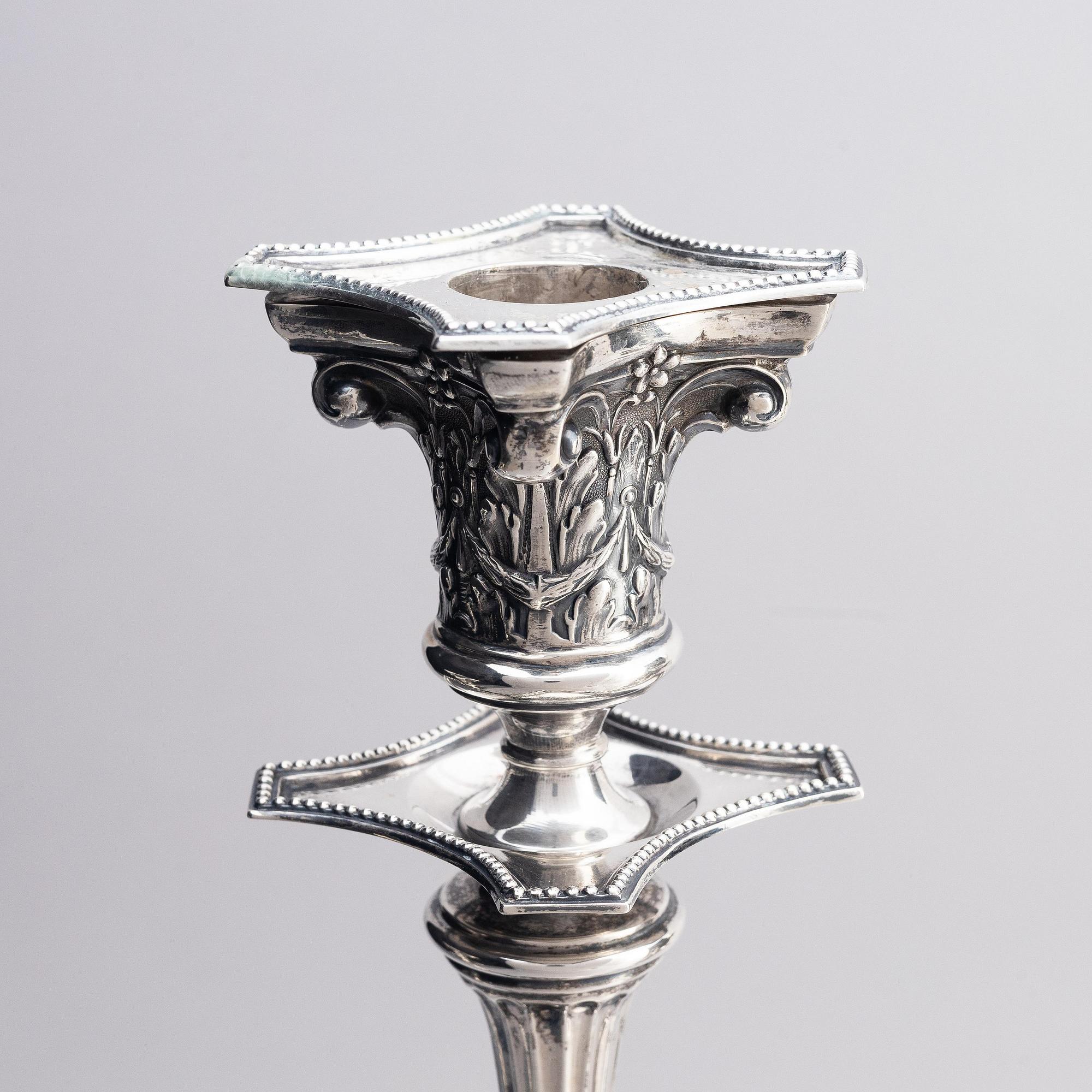 A pair of Swedish late 19th century silver candelabras, marks of Carl Fredrik Carlman (Ryno Carlman), Stockholm 1899.